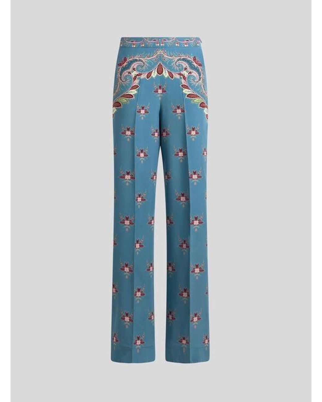 Etro Blue Silk Trousers With Placed Print