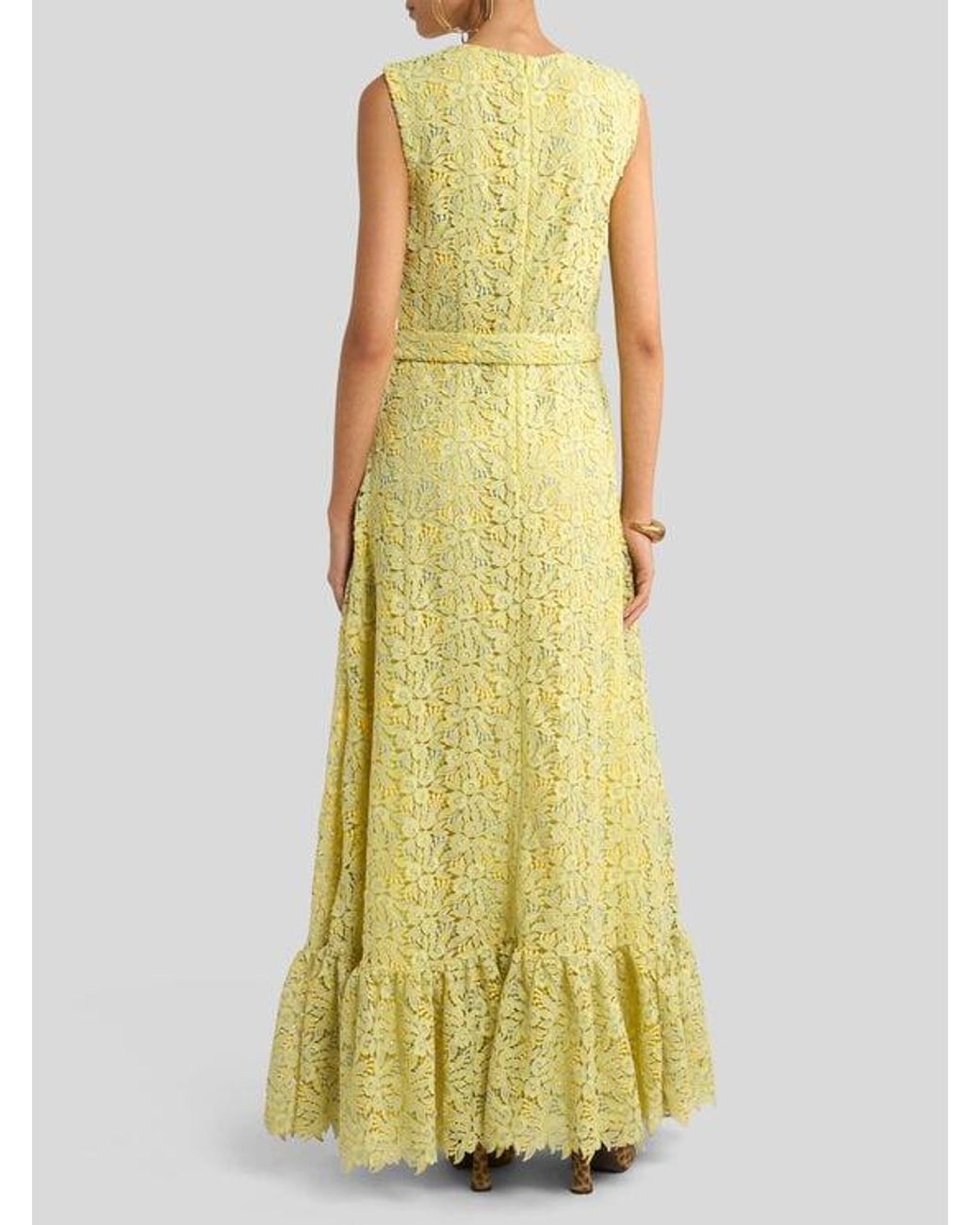 Etro Yellow Long Macramé Lace Dress With Belt