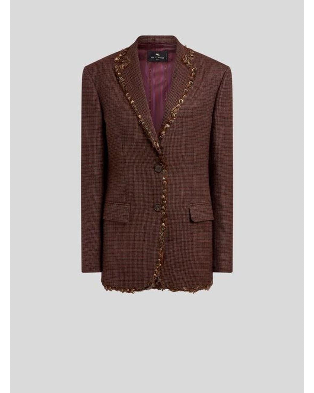 Etro Brown Single-Breasted Wool Jacket With Pheasant Feathers And Micro Houndstooth Motif