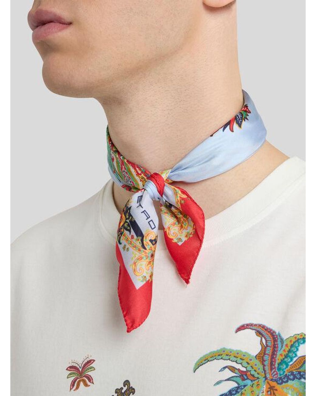 Etro Red Silk Pocket Square With Parrot And Paisley Print for men
