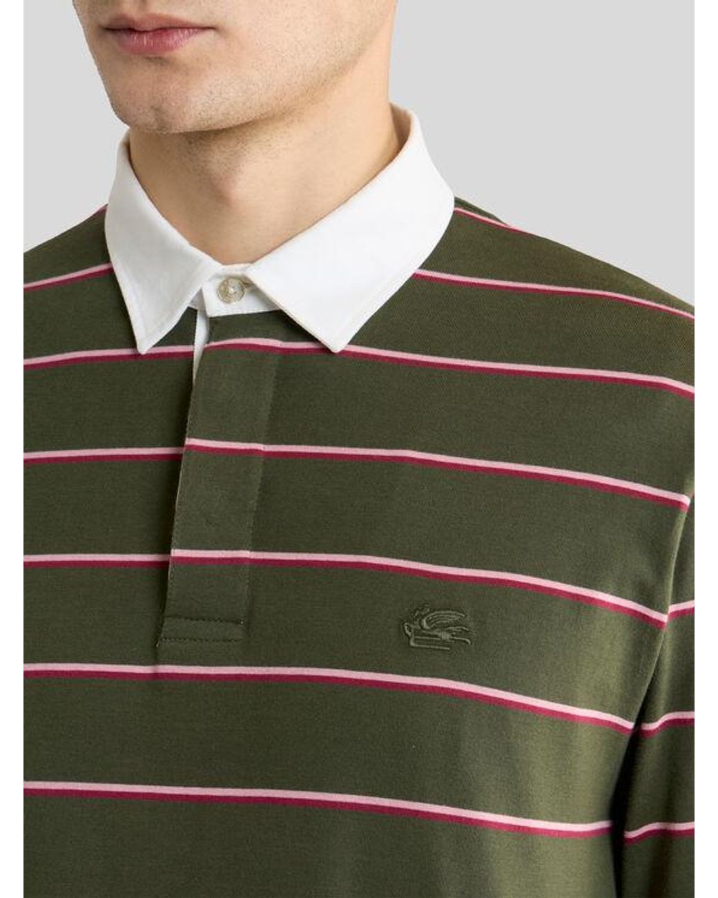 Etro Green Long-Sleeved Cotton Polo Shirt With Shirt Collar And Striped Motif for men