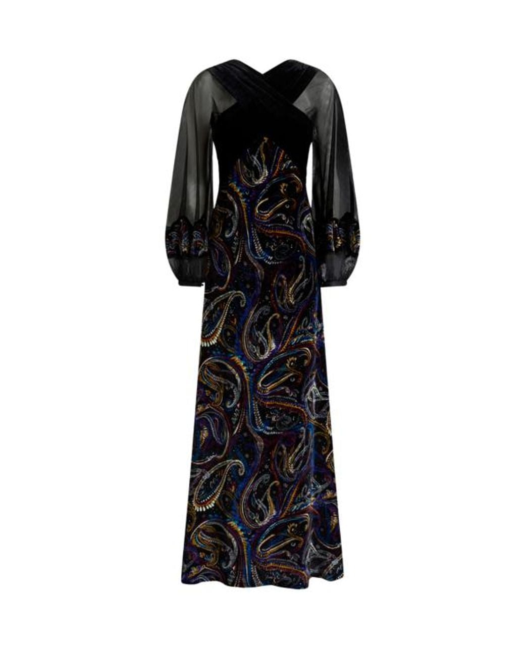 Etro Black Long Velvet Dress With Paisley Foliage Motif