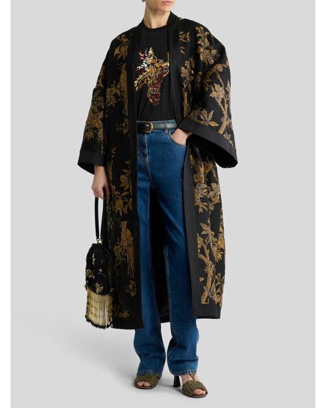 Etro Black Kimono Coat With Beads And Nature Embroidery