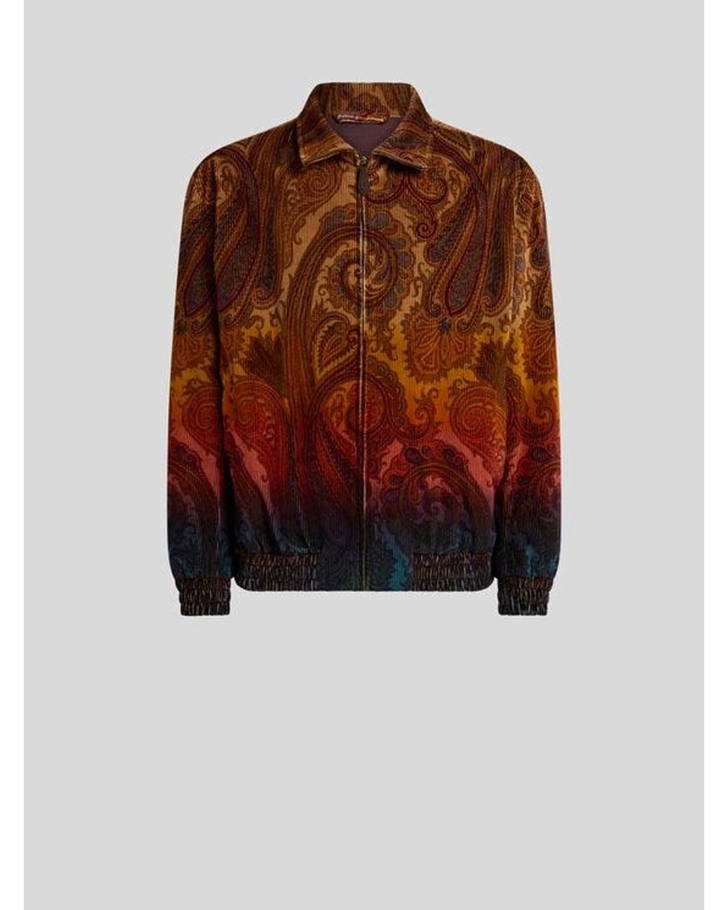 Etro Brown Cotton Corduroy Jacket With Placed Degradé Paisley Print for men