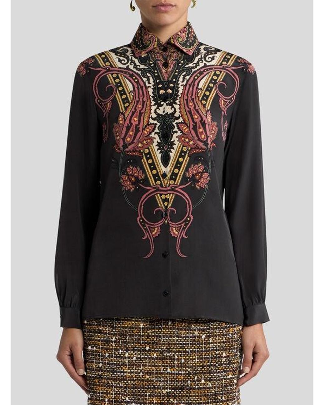 Etro Black Silk Shirt With Placed Floral Paisley Print
