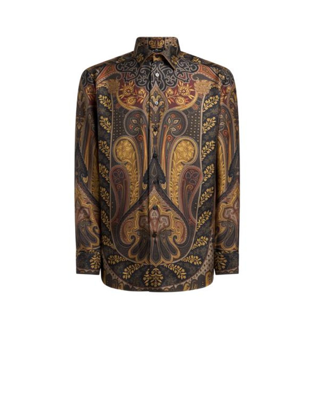 Etro Brown Silk Twill Shirt With Placed Paisley Print for men
