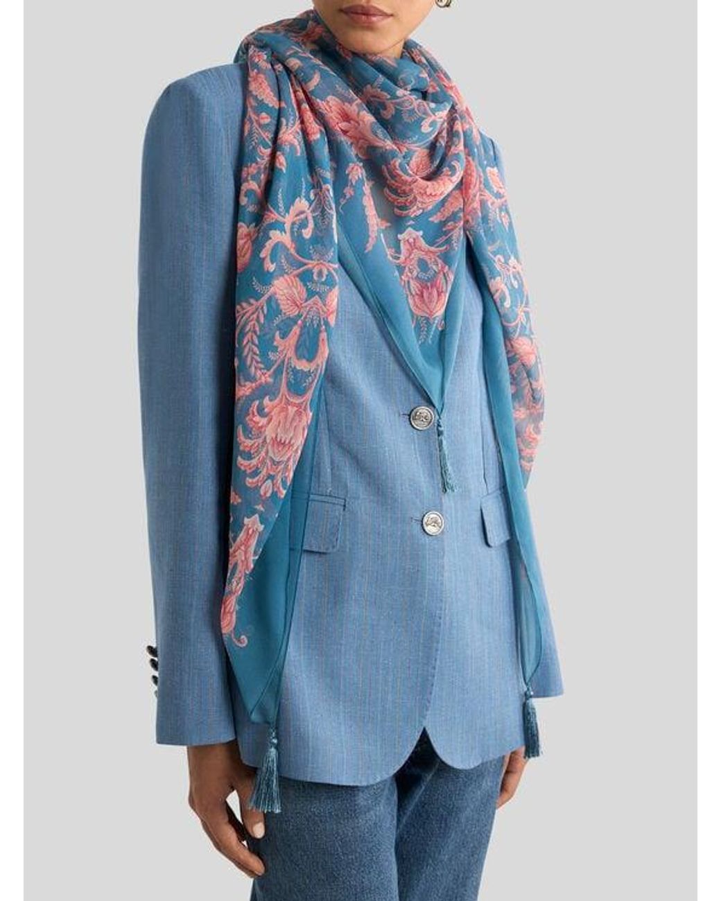 Etro Blue Silk Shawl With Floral Motif And Tassels