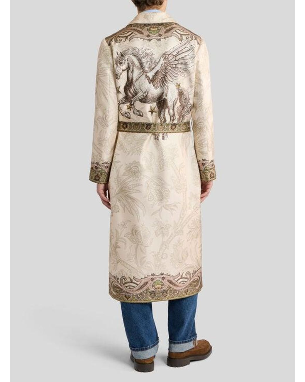 Etro Natural Silk Twill Robe Coat With Placed Pegaso Print And Paisley for men