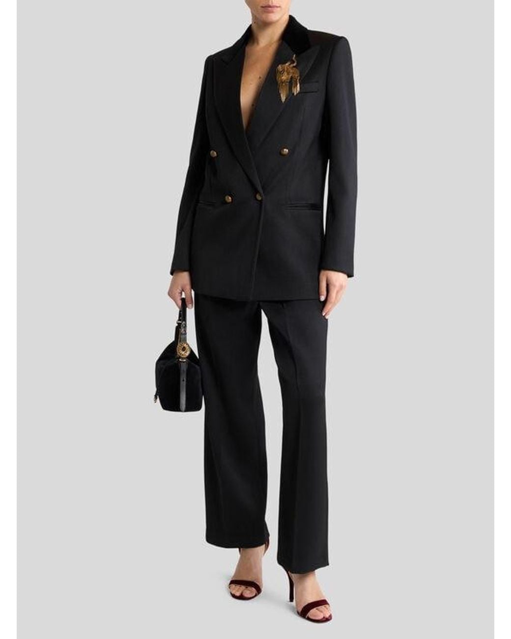 Etro Black Double-Breasted Wool Jacket With Velvet Insert