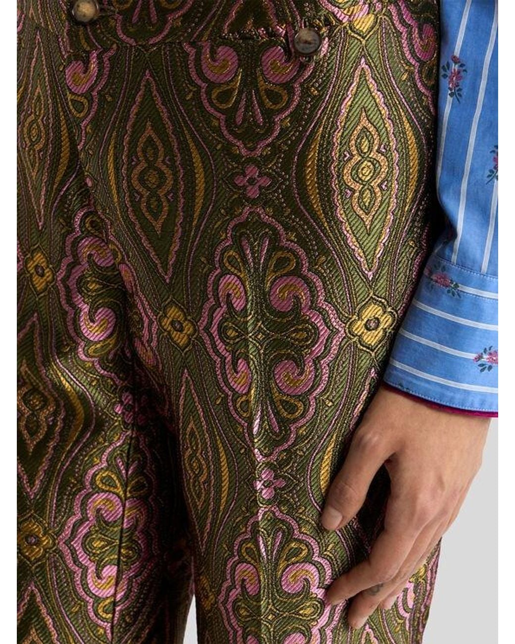 Etro Natural Jacquard Trousers With Floral Medallion Motif