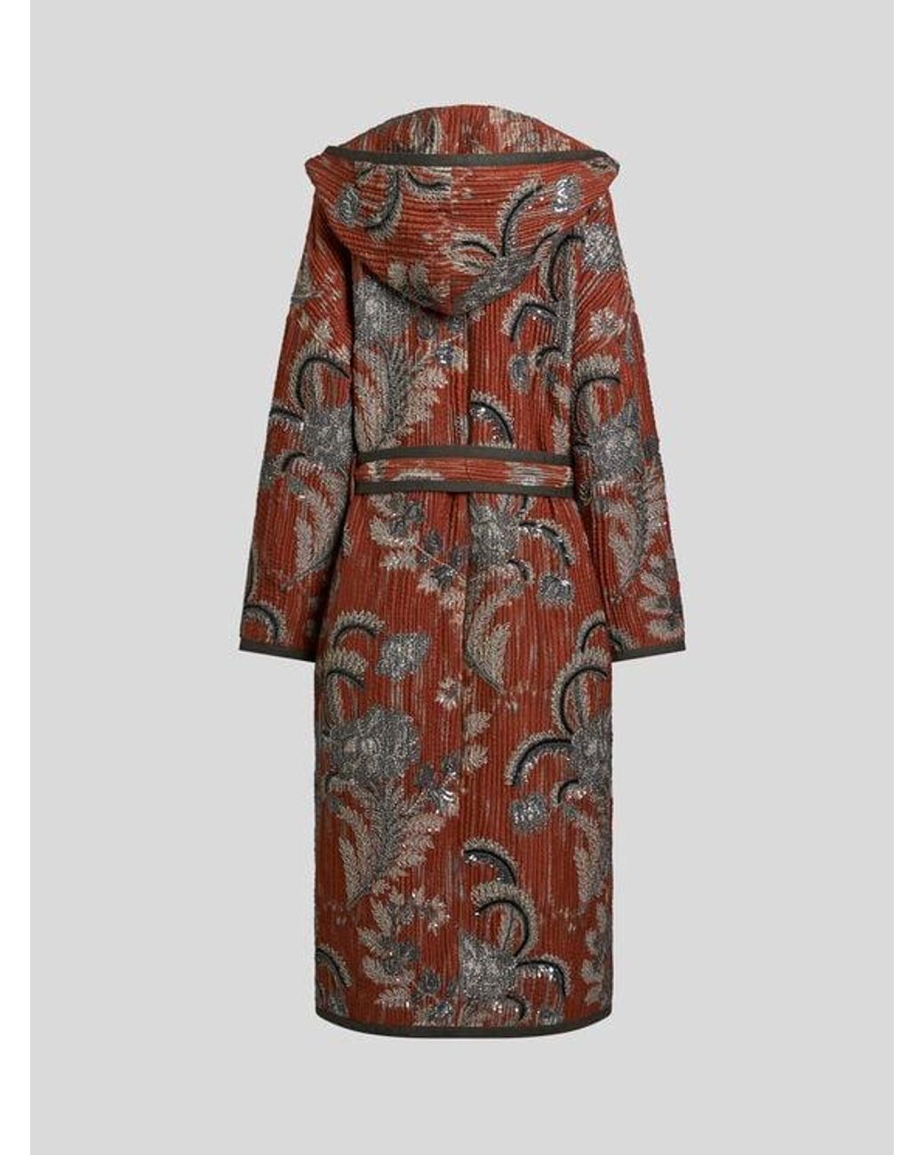 Etro Brown Quilted Jacquard Coat With Embroidery