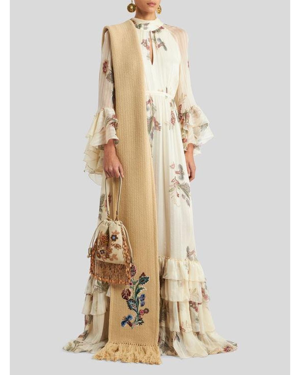 Etro Natural Long Printed Silk Crepon Dress