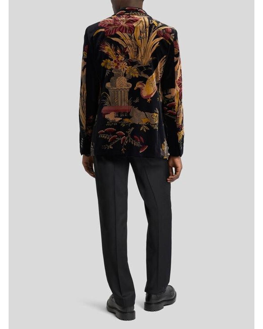 Etro Black Single-Breasted Cotton Velvet Jacket With Placed Flower And Animal Print for men