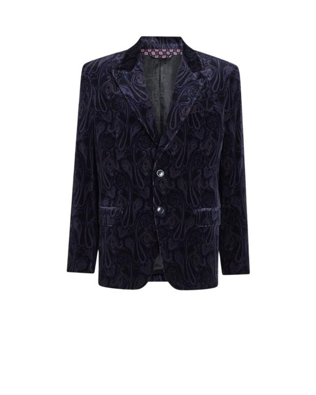 Etro Blue Single-Breasted Cotton Velvet Jacket With Paisley Overprint for men