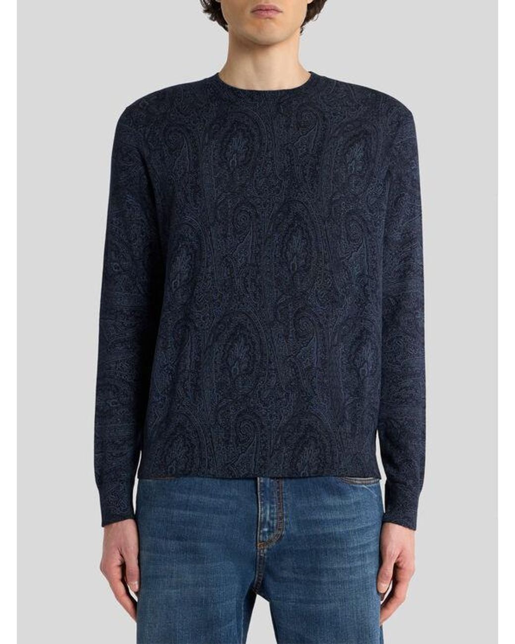 Etro Blue Cotton-Blend Sweater With Floral Arnica Motif for men