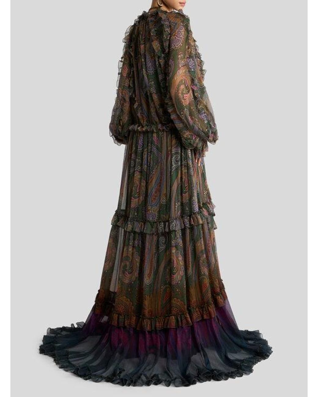 Etro Green Long Silk Dress With Ruffles And Placed Degradé Paisley Print