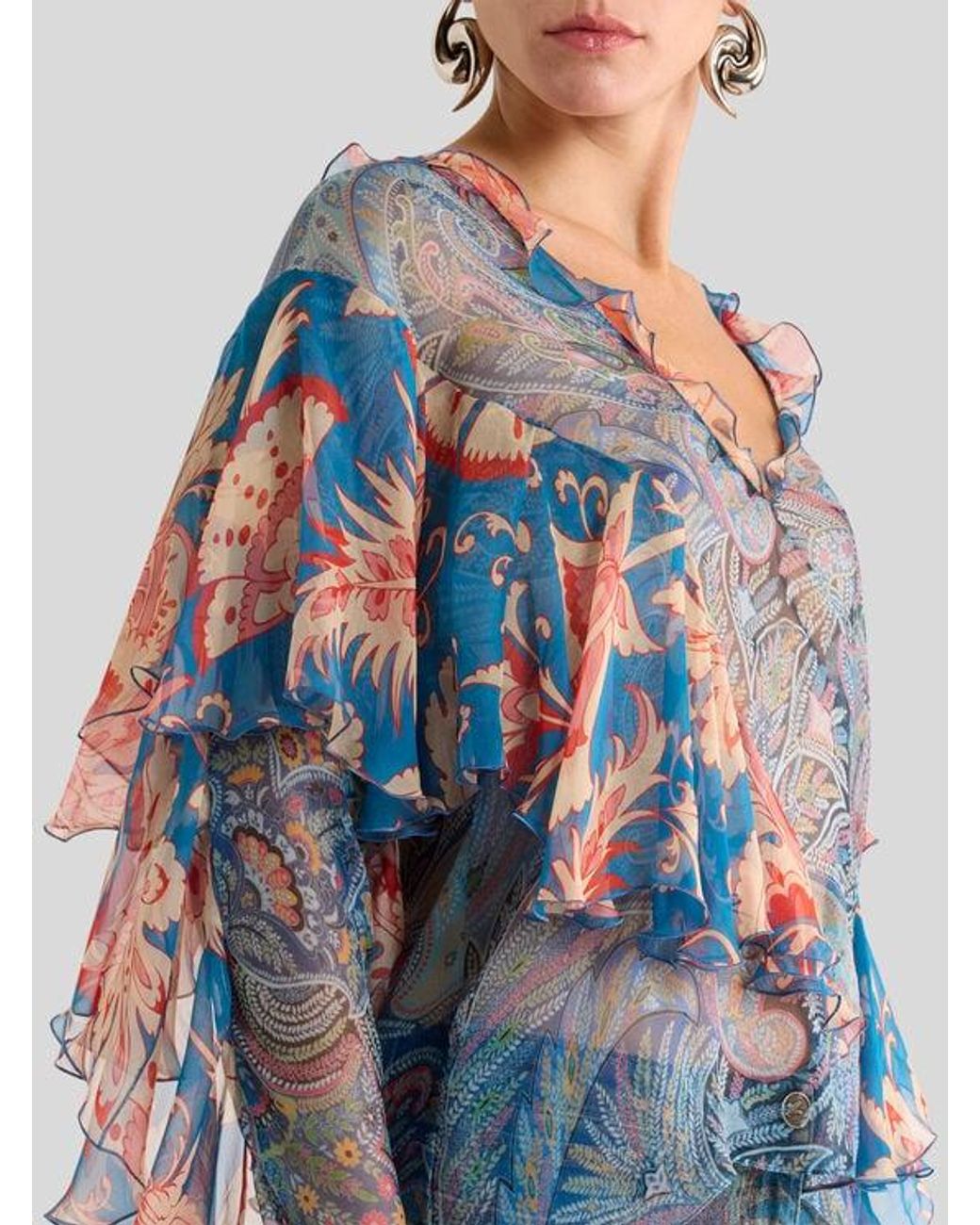 Etro Blue Long-Sleeved Silk Blouse With Ruffles And Floral Motif