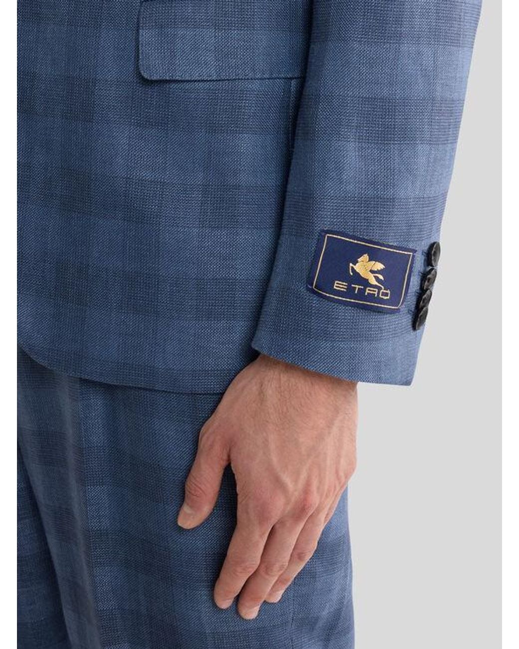 Etro Blue Single-Breasted Linen-Blend Jacquard Jacket With Check Motif for men