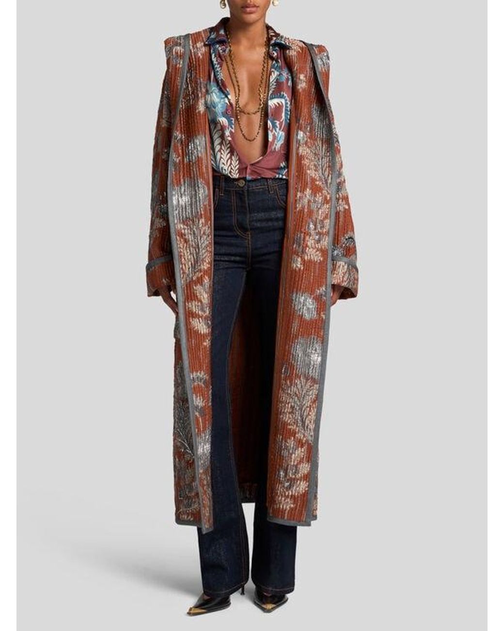 Etro Brown Quilted Jacquard Coat With Embroidery