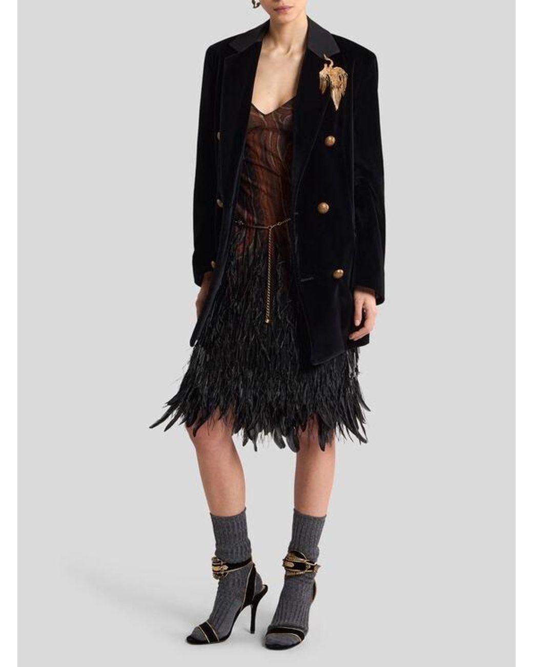 Etro Black Long Double-Breasted Stretch Cotton Velvet Jacket