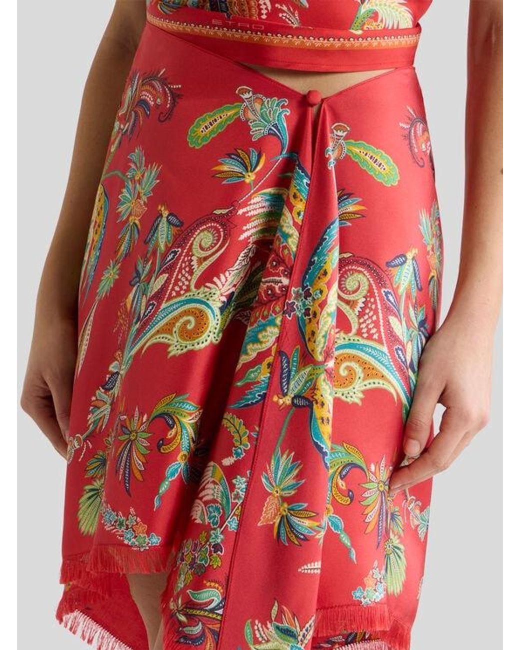 Etro Red Silk Cover-Up Pareo With Paisley Foliage Motif