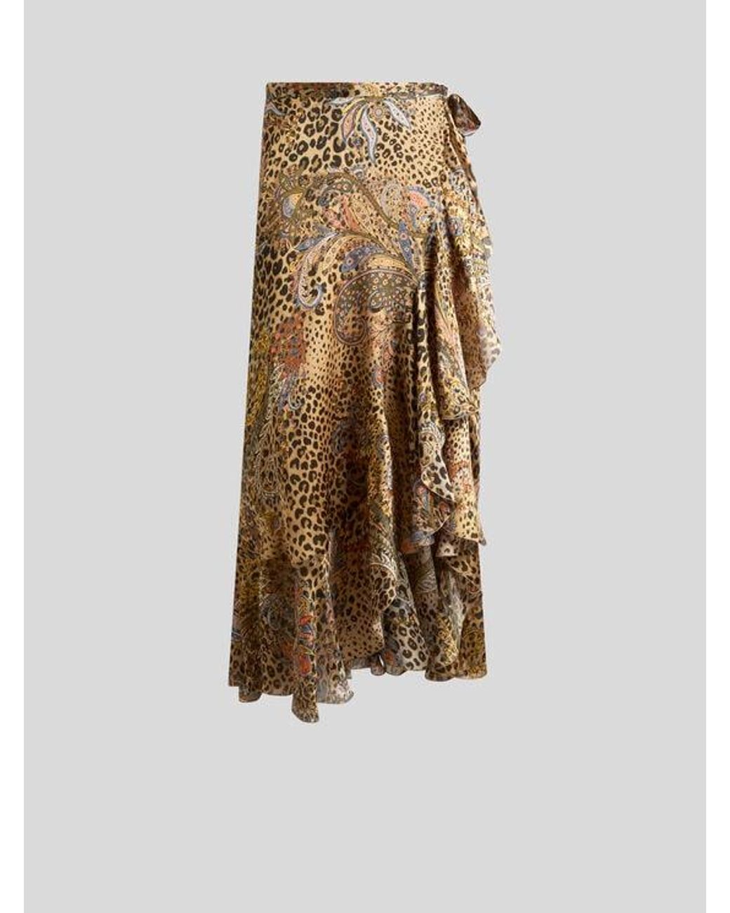 Etro Natural Peau D'Ange Silk Midi Wrap Skirt With Paisley And Animal Motif
