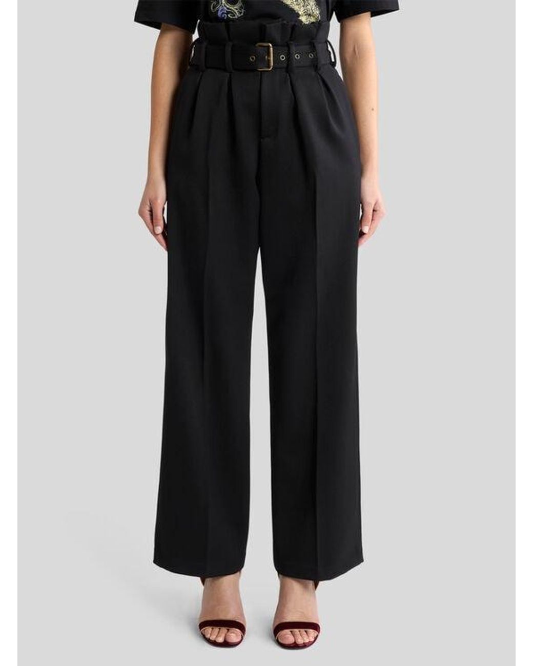 Etro Black Wide-Leg Wool Trousers With Belt