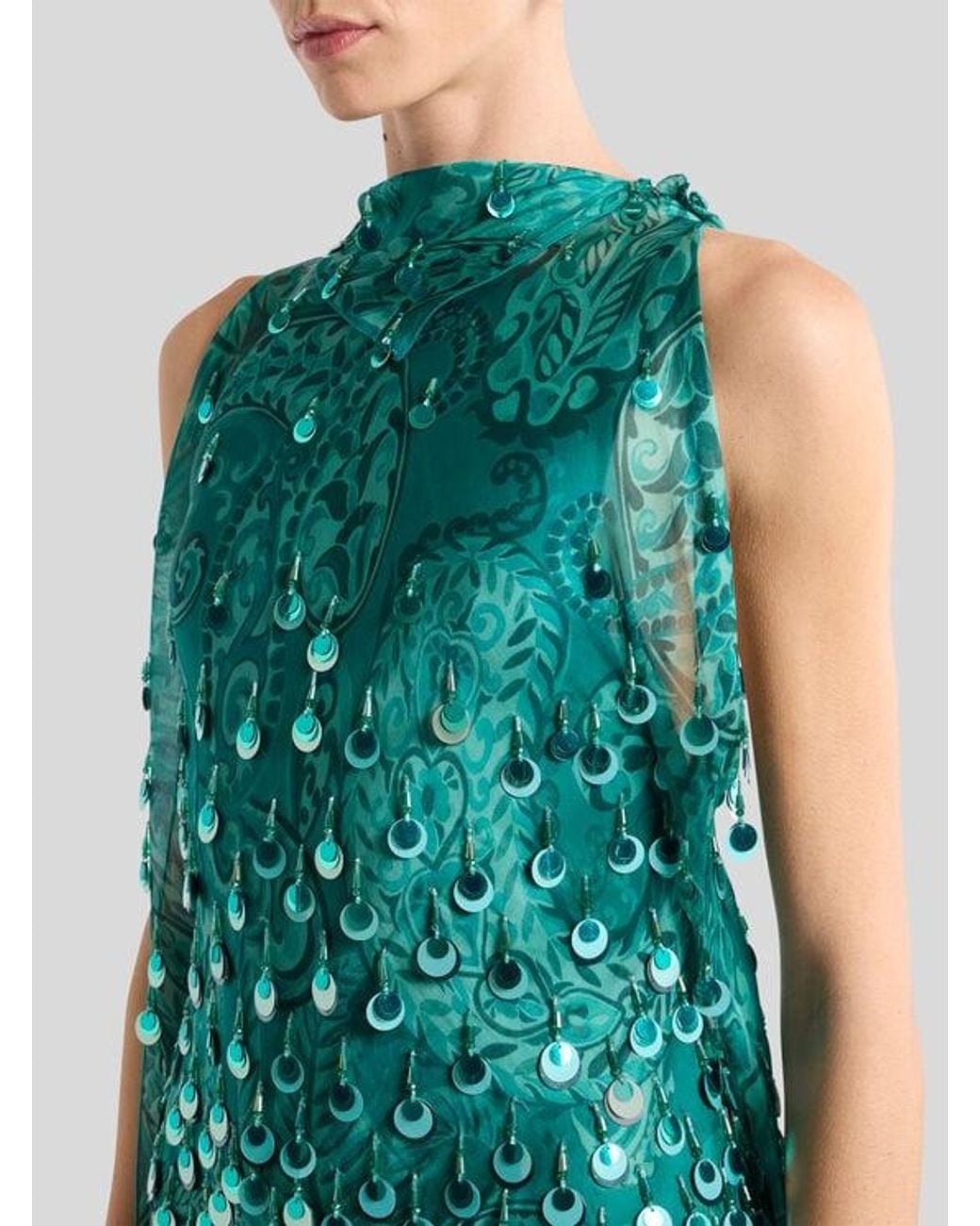 Etro Green Silk Mini Dress With Sequin Embroidery
