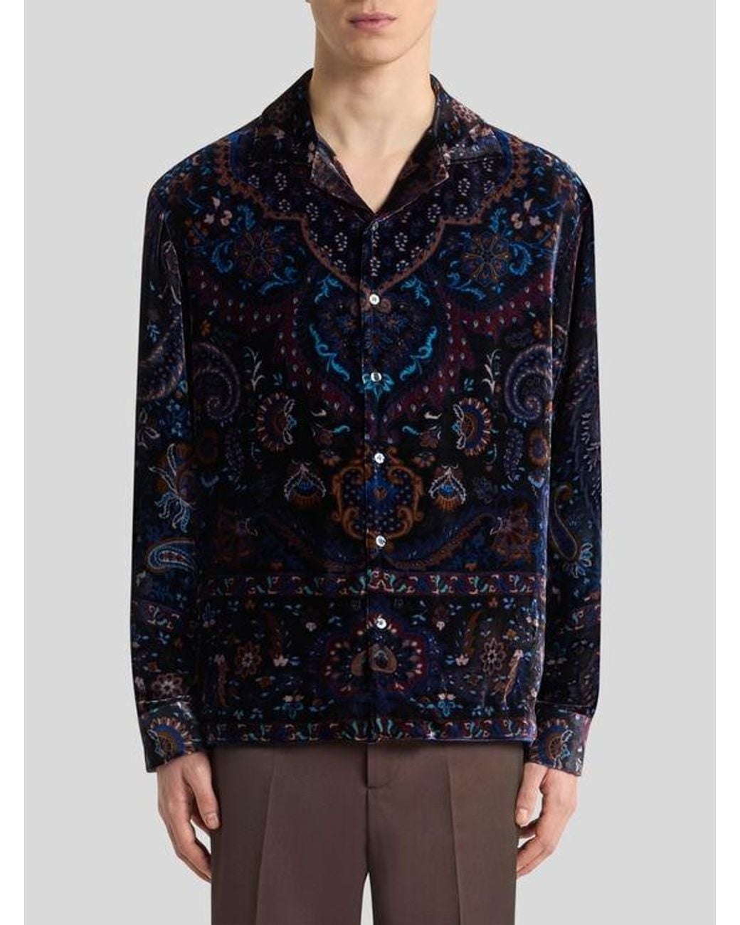 Etro Blue Silk Velvet Shirt With Placed Floral Medallion Print for men
