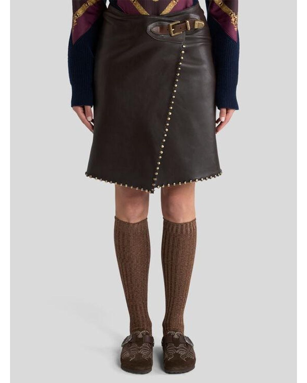 Etro Black Short Leather Skirt With Studs
