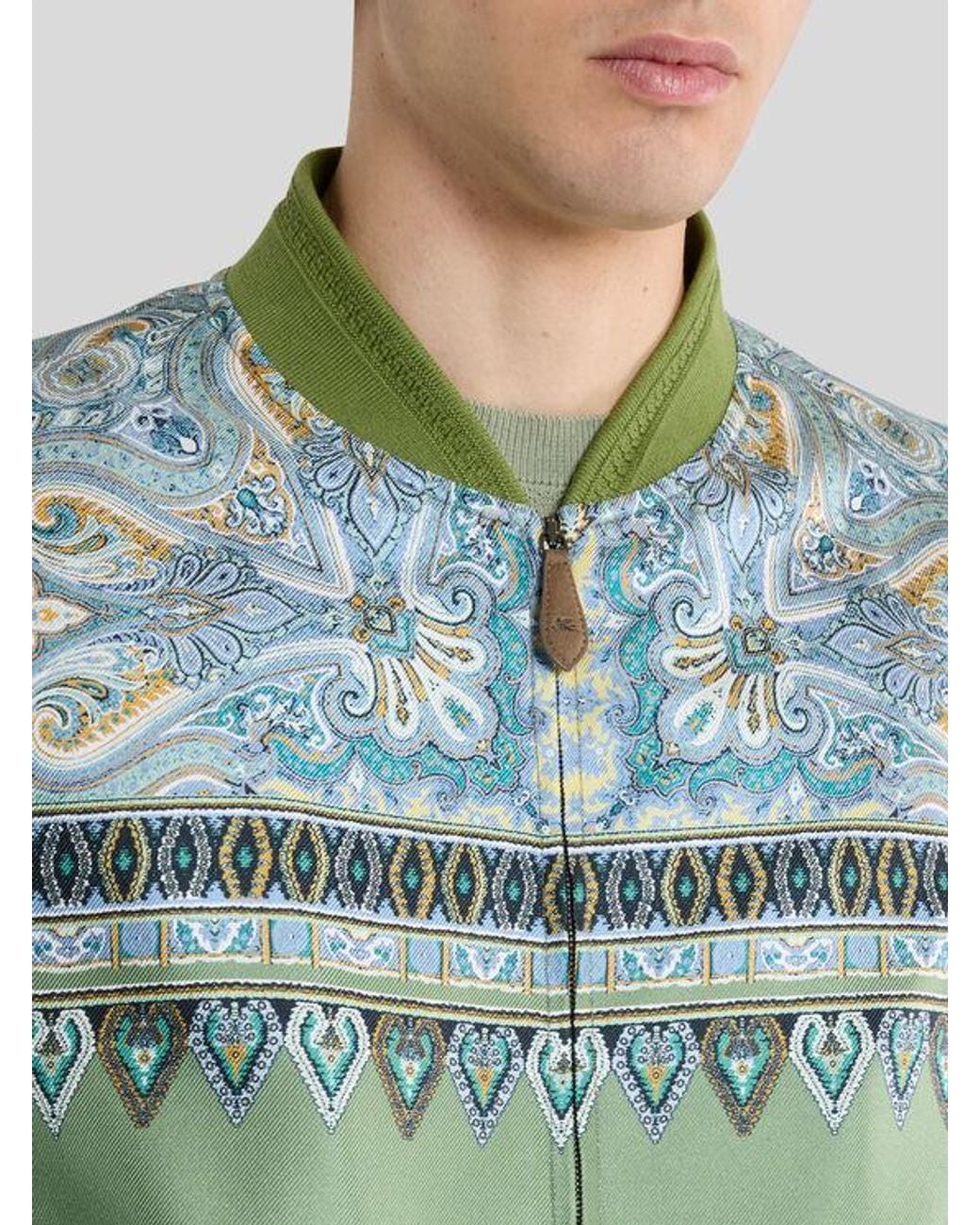 Etro Green Silk Bomber Jacket With Placed Pocket-Square Paisley Print for men