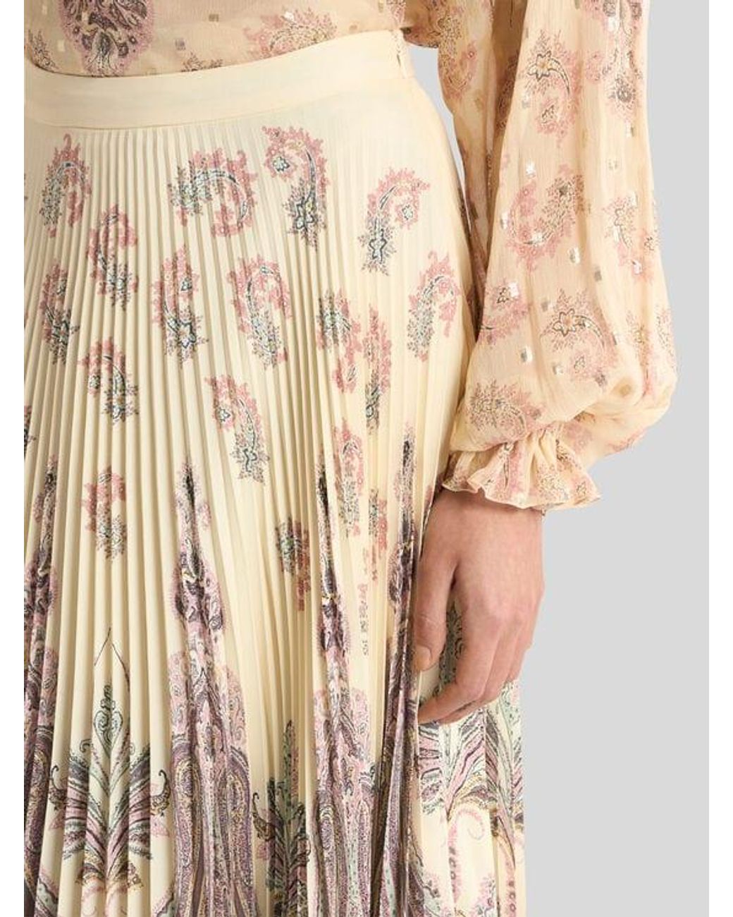 Etro Natural Pleated Maxi Skirt With Placed Print