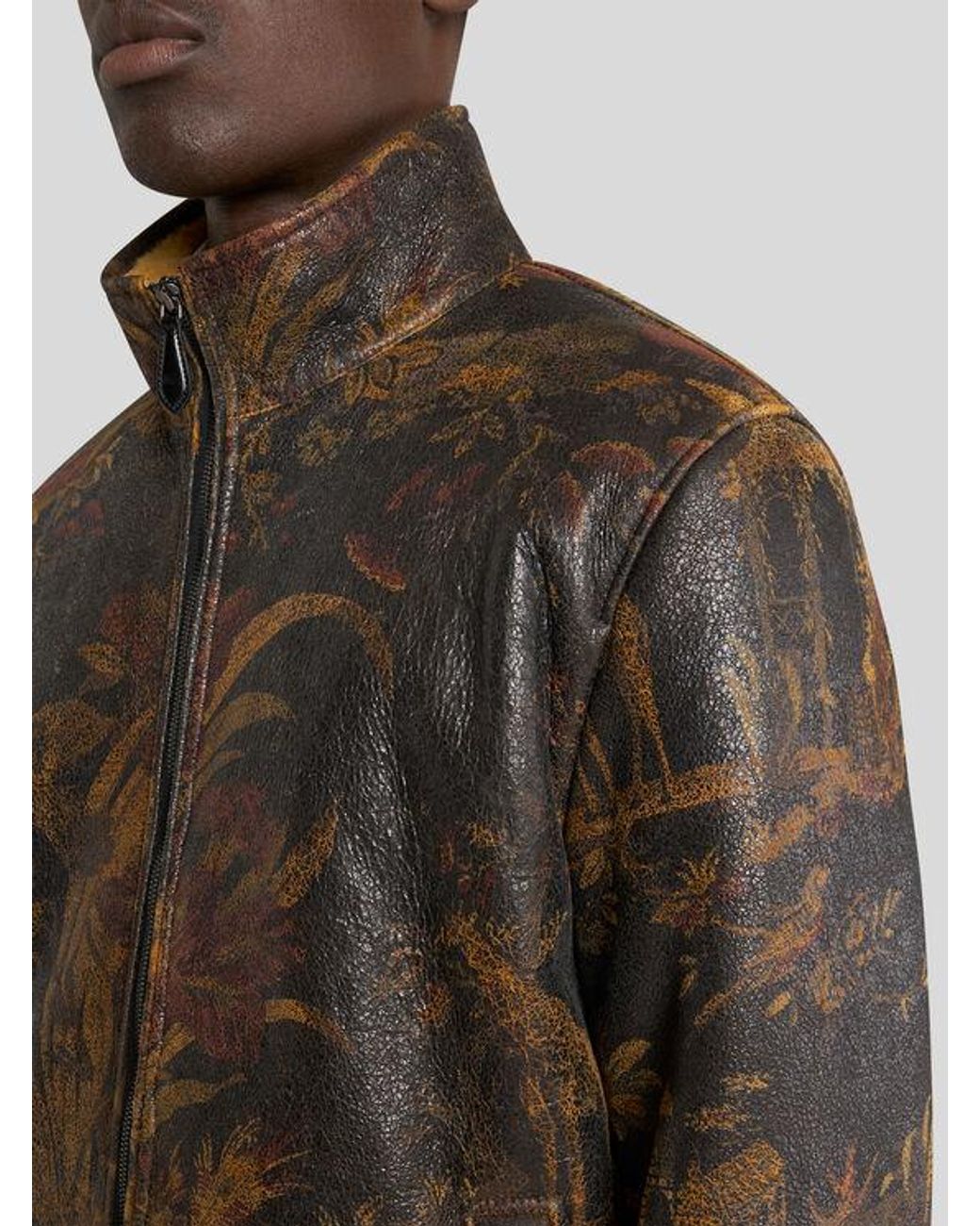 Etro Brown Leather Bomber Jacket With Shearling And Animal And Floral Print for men