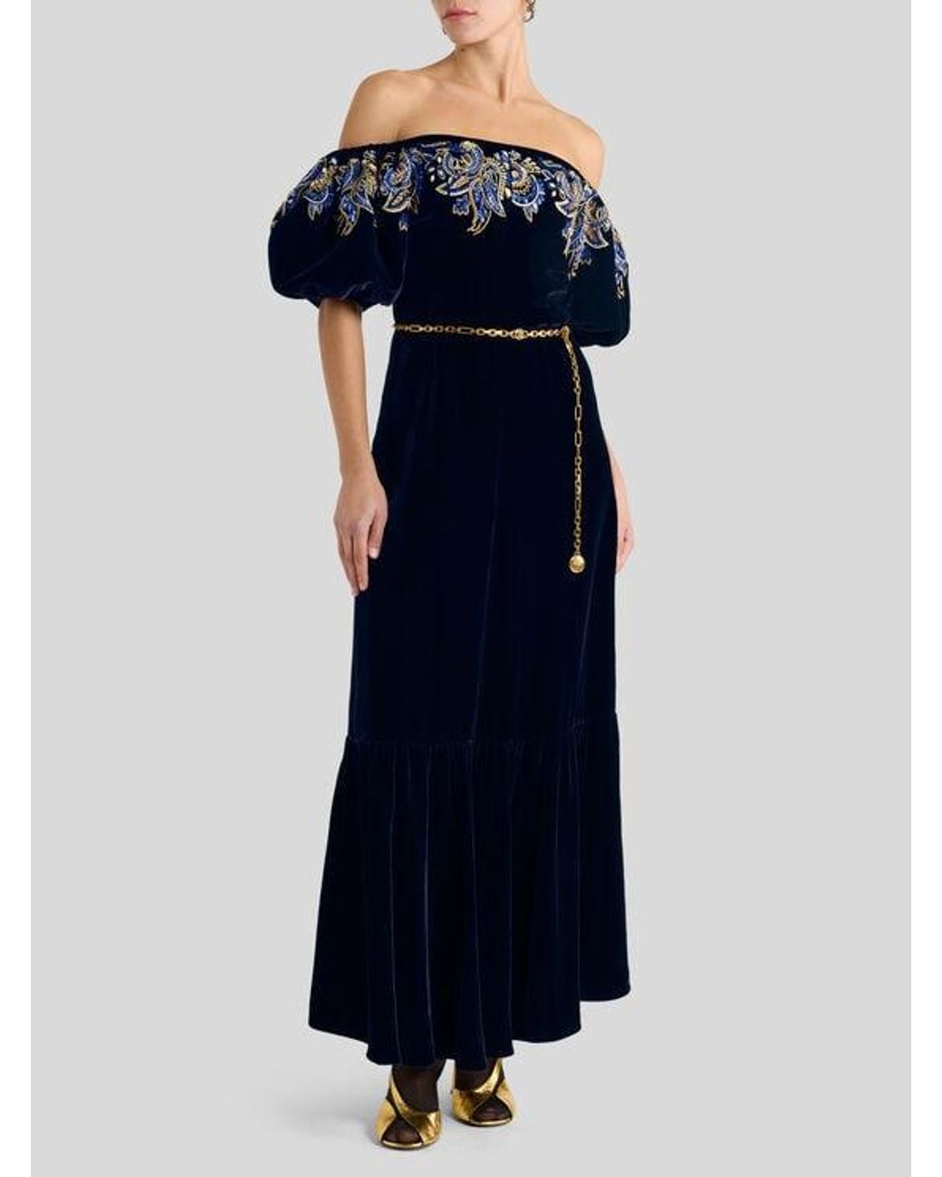 Etro Black Long Velvet Dress With Paisley Foliage Embroidery