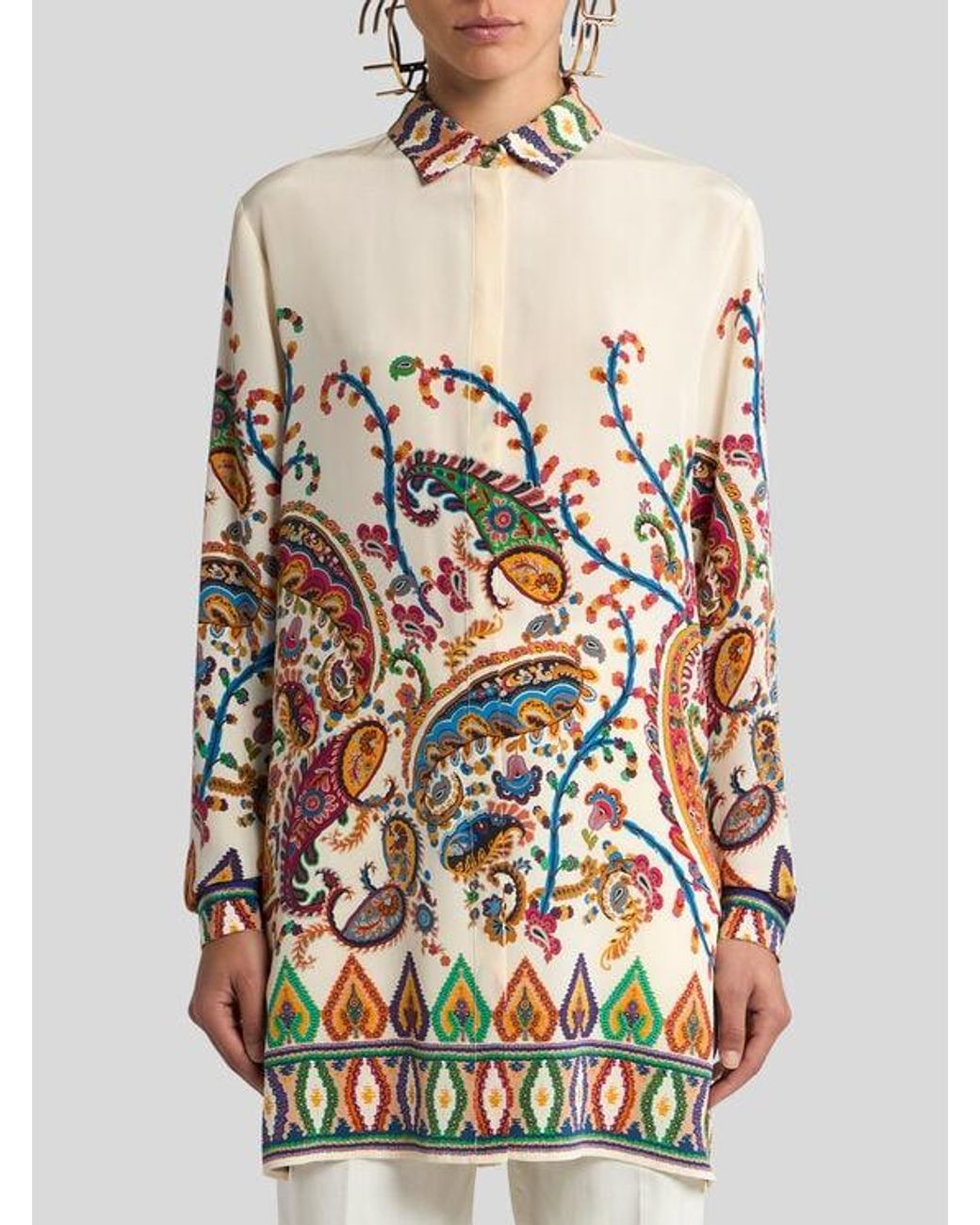 Etro White Long Silk Shirt With Placed Floral Paisley Print