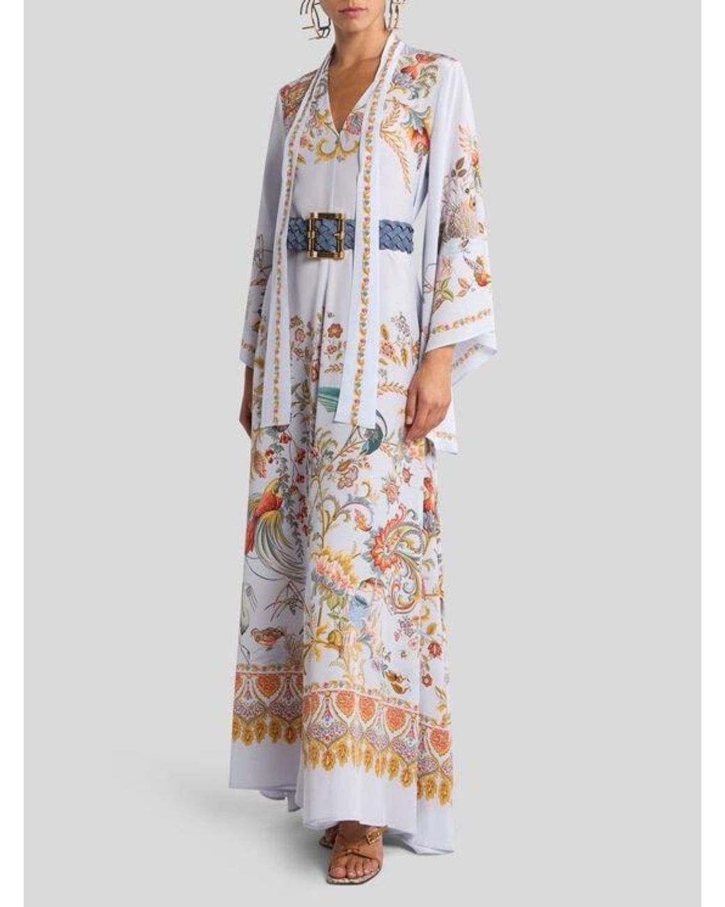 Etro White Long Silk Dress With Silk Scarf And Placed Flora And Fauna Print