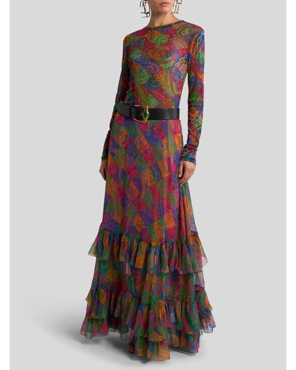 Jupe Longue En Crépon De Soie À Volants Et Motif Paisley Géométrique, Femme, Taille Etro en coloris Red