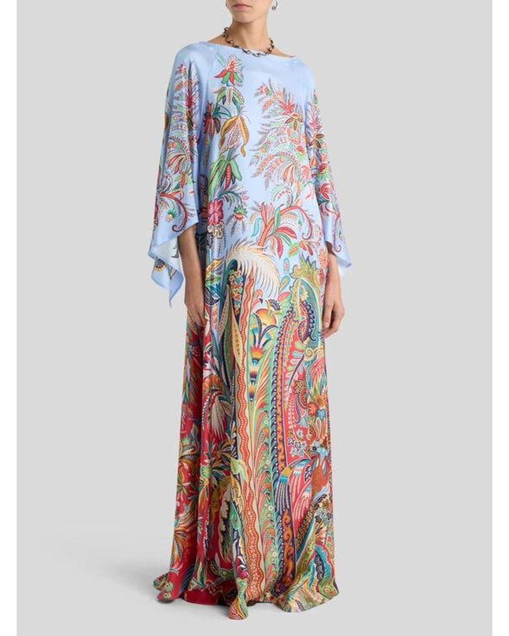 Etro White Long Twill Dress With Placed Paisley Foliage Print
