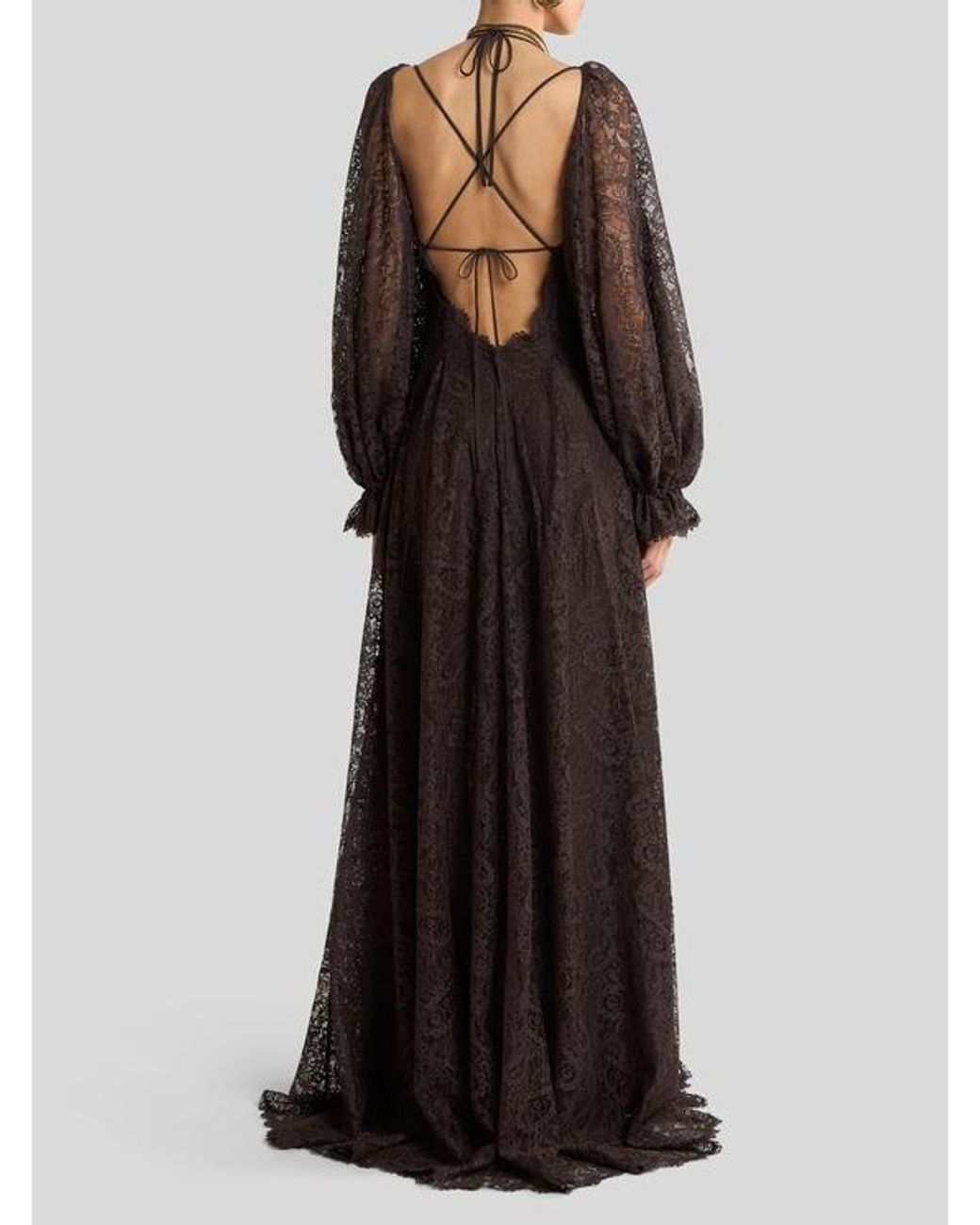 Etro Black Long Lace Dress With Paisley Motif