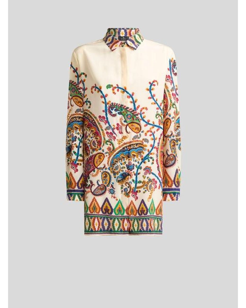 Etro White Long Silk Shirt With Placed Floral Paisley Print