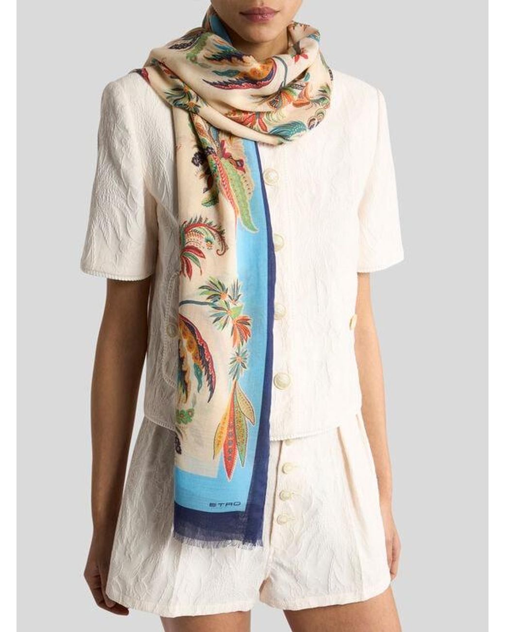 Etro Blue Modal And Cashmere Scarf With Paisley Foliage Motif