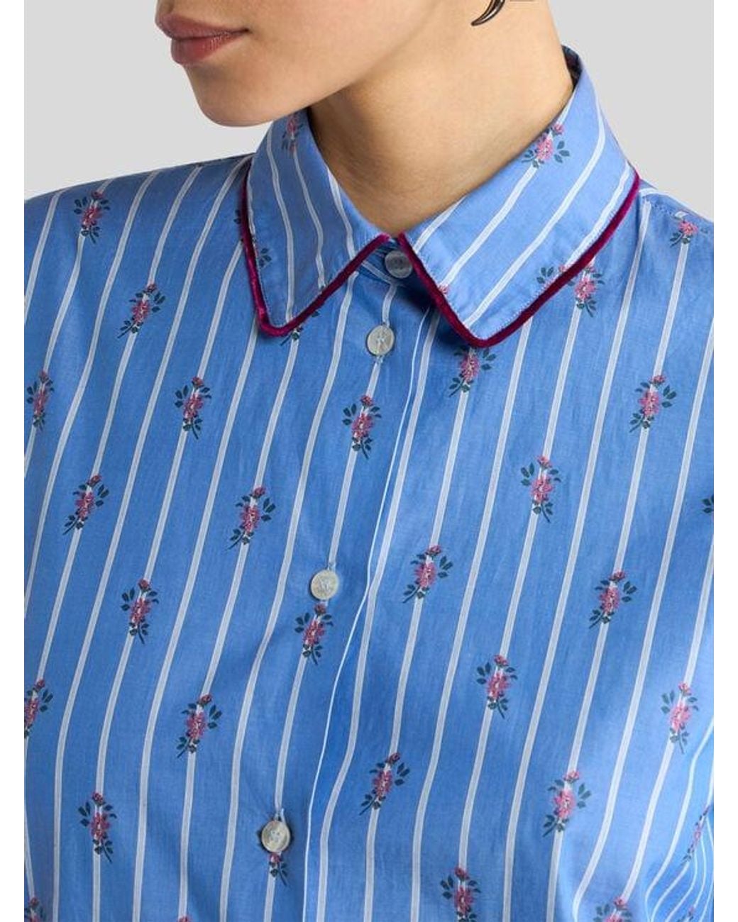 Etro Blue Cotton Jacquard Shirt With Trim And Fil Coupé Stripe And Flower Motif