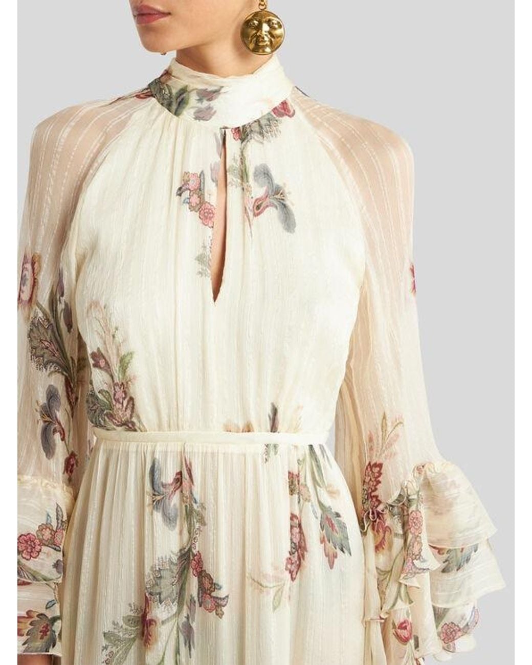 Etro Natural Long Printed Silk Crepon Dress