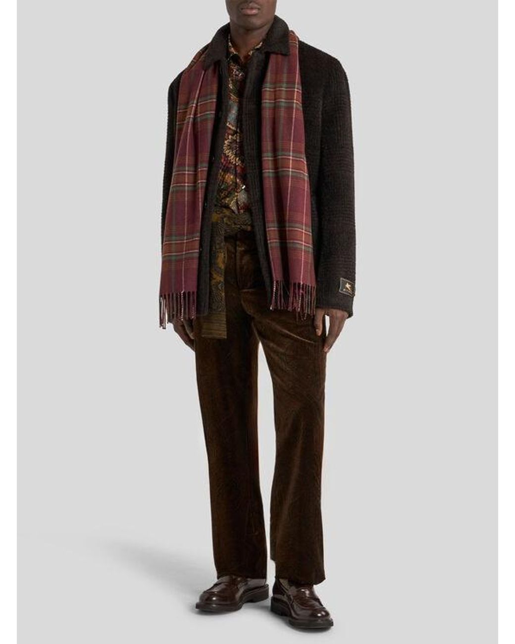 Etro Brown Straight-Leg Cotton Velvet Trousers With Arnica Motif for men