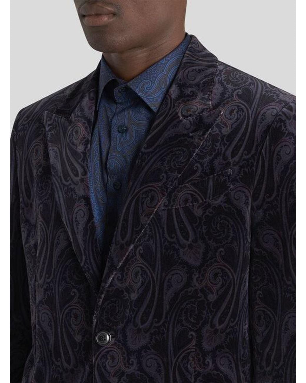 Etro Blue Single-Breasted Cotton Velvet Jacket With Paisley Overprint for men