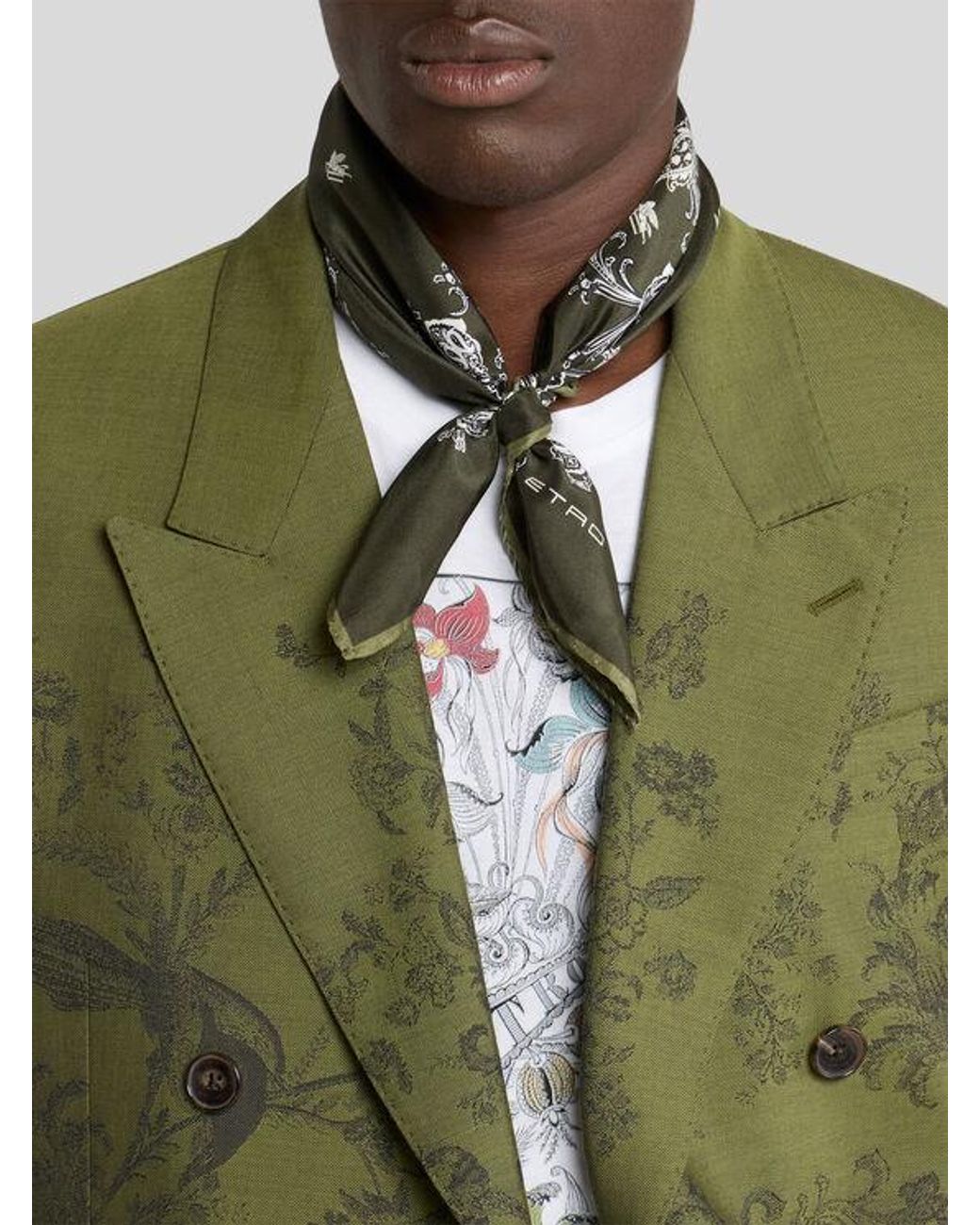 Etro Green Silk Scarf With Placed Floral Paisley Print for men