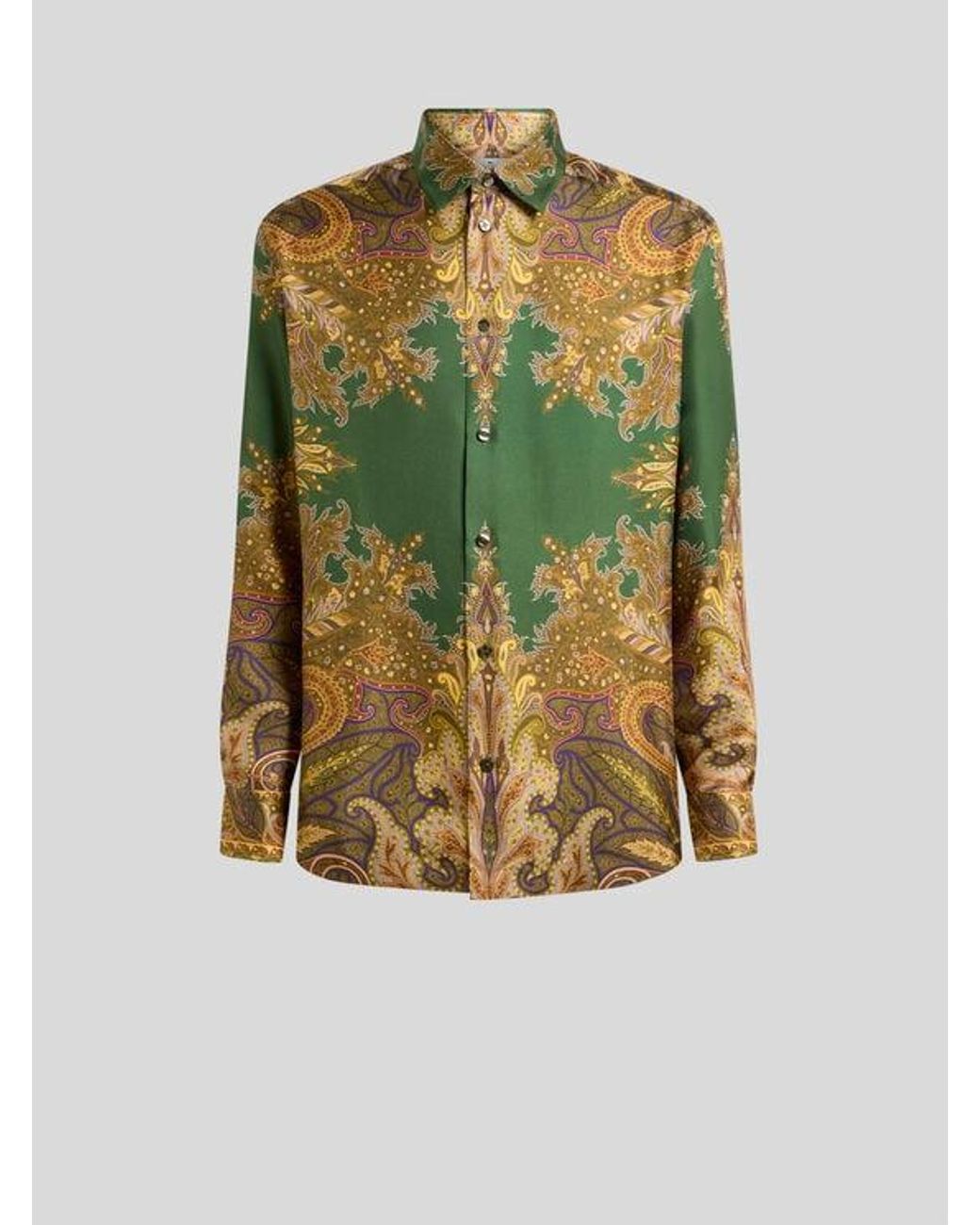 Etro Green Silk Twill Shirt With Placed Paisley Pochette Print for men