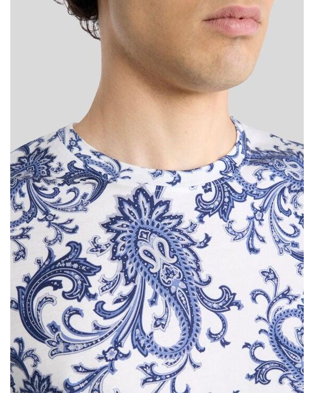 Etro Blue Cotton T-Shirt With Leafy Paisley Motif for men