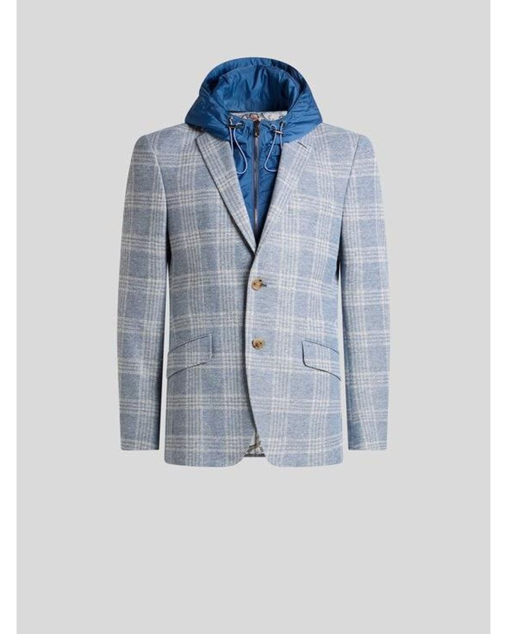 Etro Blue Check Jersey Jacket With Removable Bib And Hood for men
