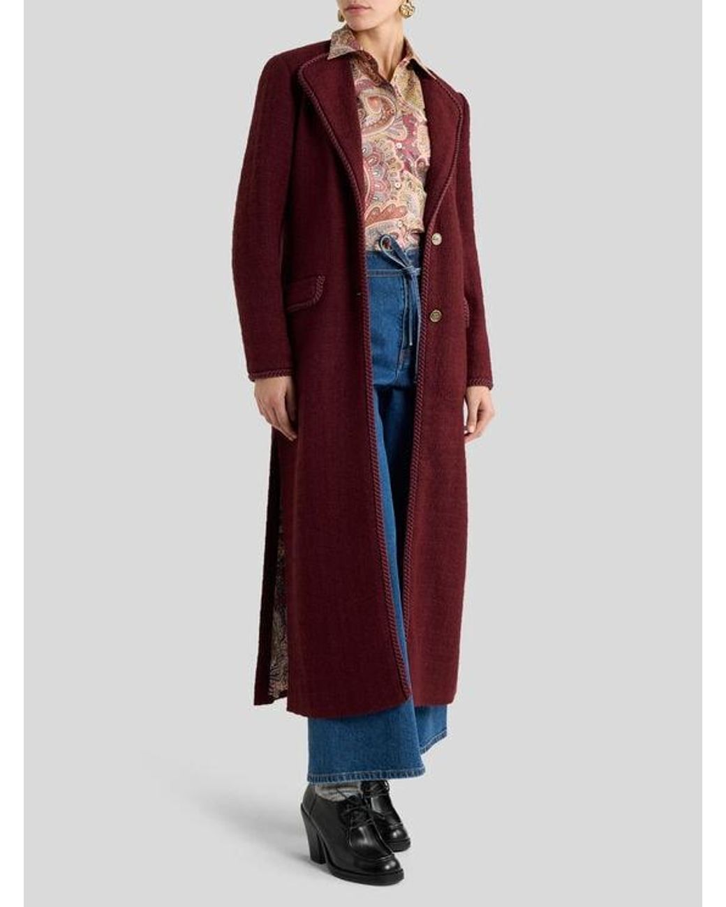 Etro Red Basketweave Wool-Blend Coat With Check Motif